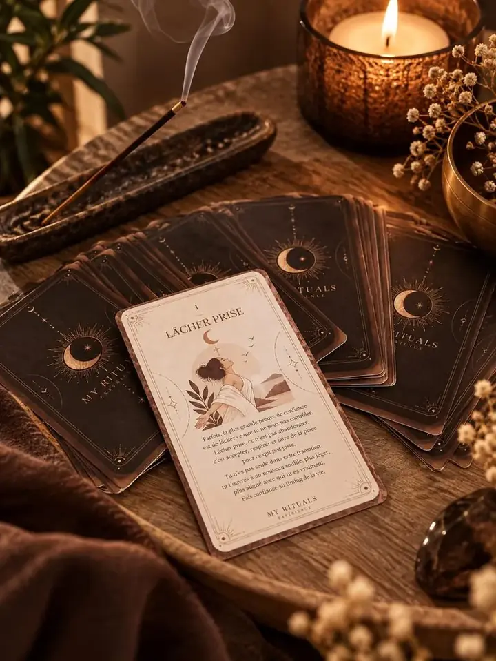 Cartes de l'oracle My Rituals étalées près d'une bougie, la carte Lâcher prise retournée